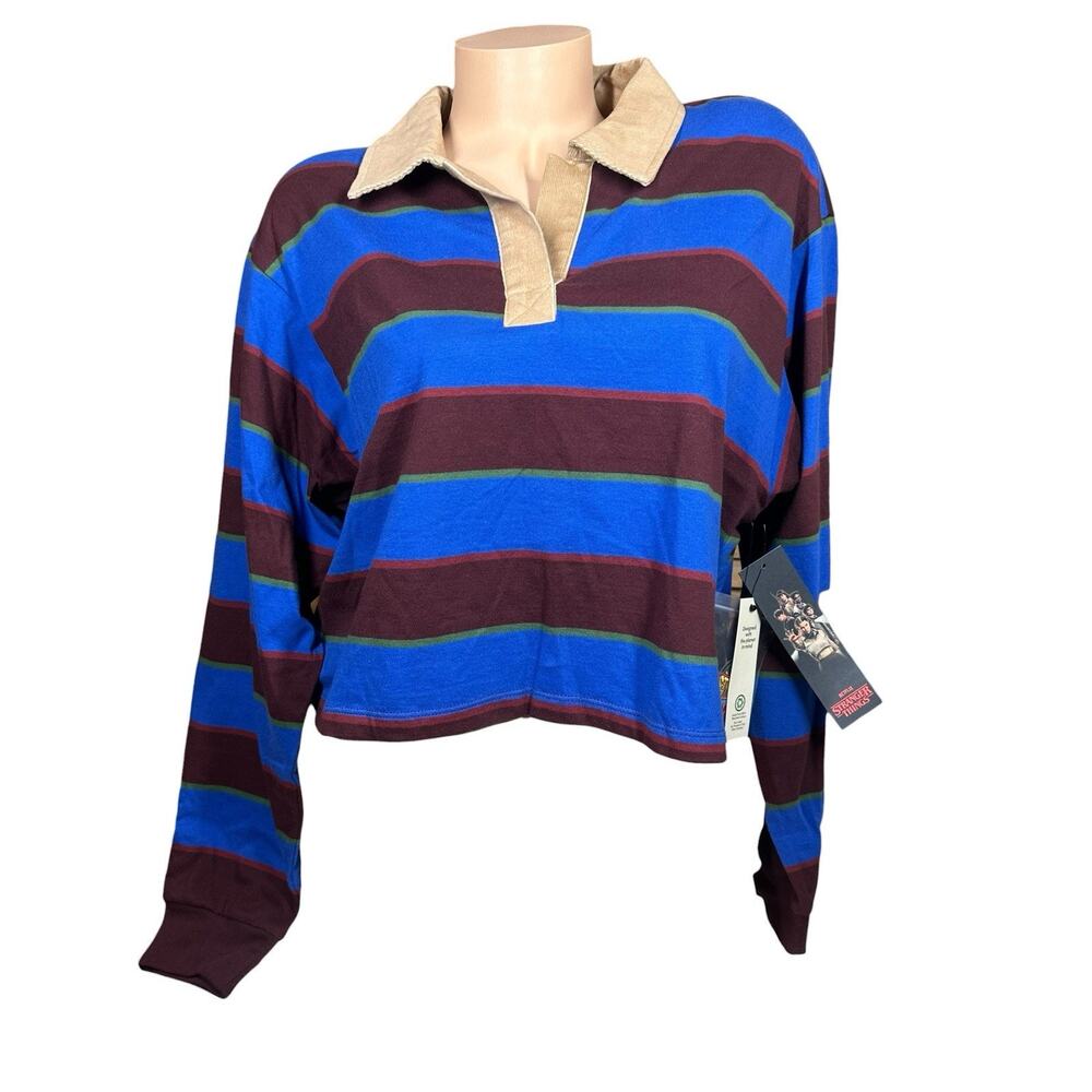 NEW Netflix Stranger Things Womens L Midriff Crop Top Shirt Rugby Polo Patches